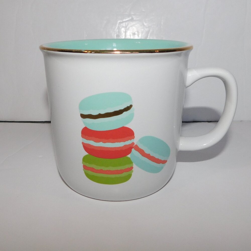 Davids Tea Macaron Graphic White Blue Pink Green Gold Coffee Mug
